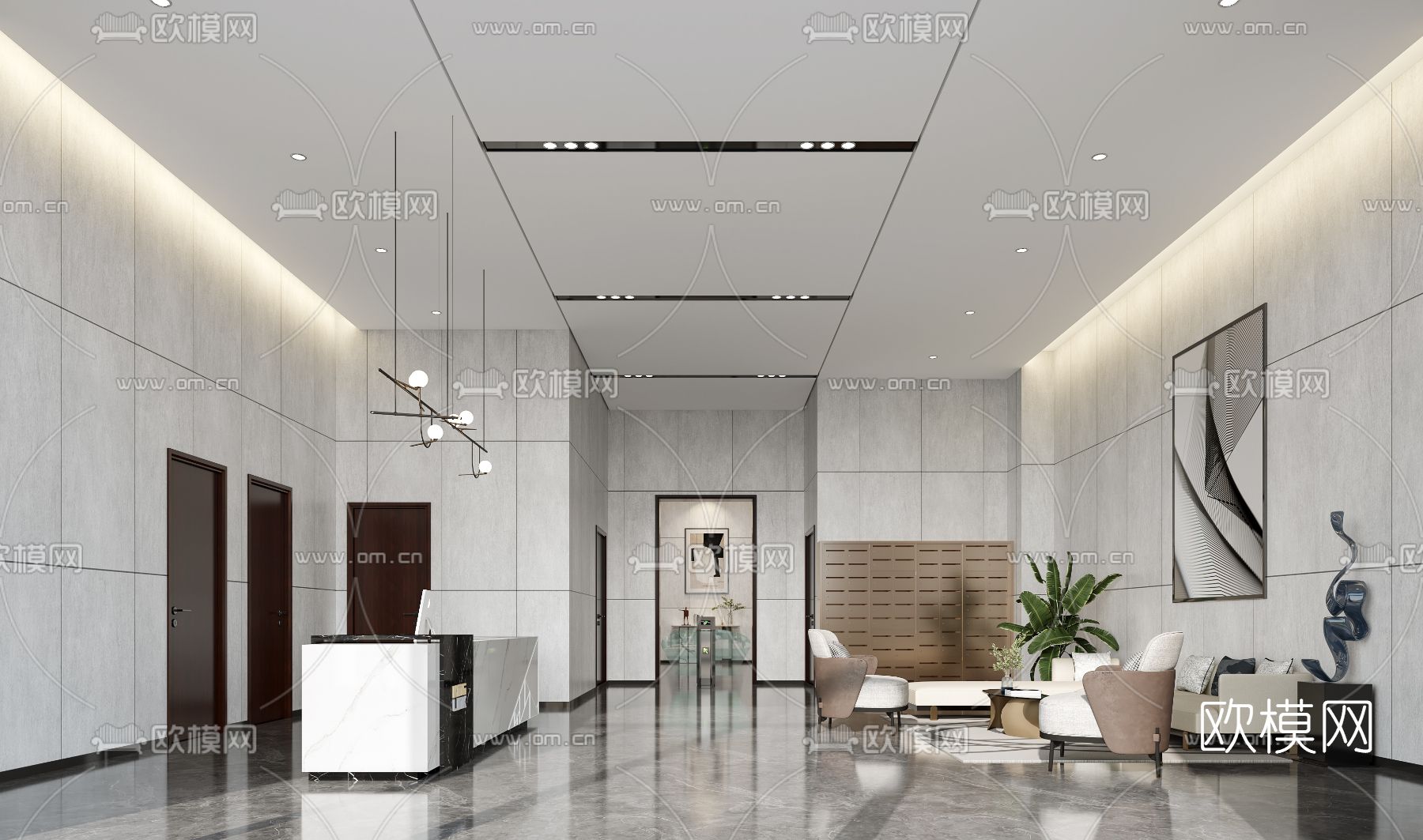 现代办公楼大厅3d模型下载（渲染图1）