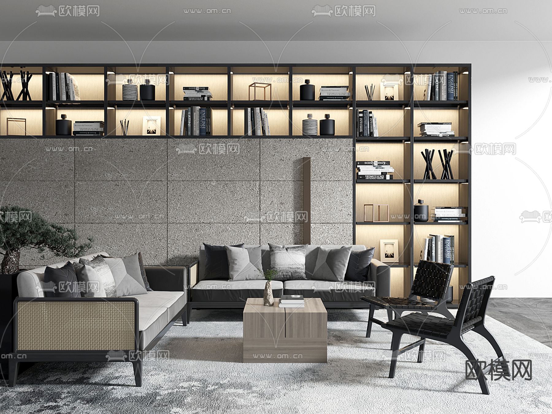 新中式灰色布艺双人沙发3d模型下载