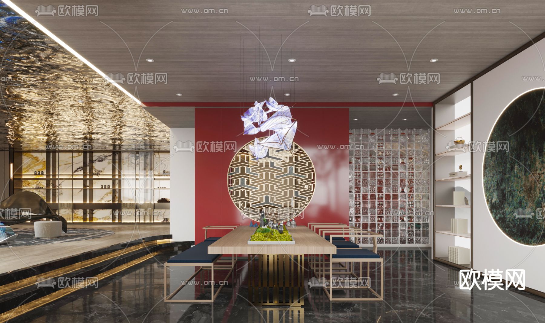 新中式茶馆大厅3d模型下载（渲染图1）