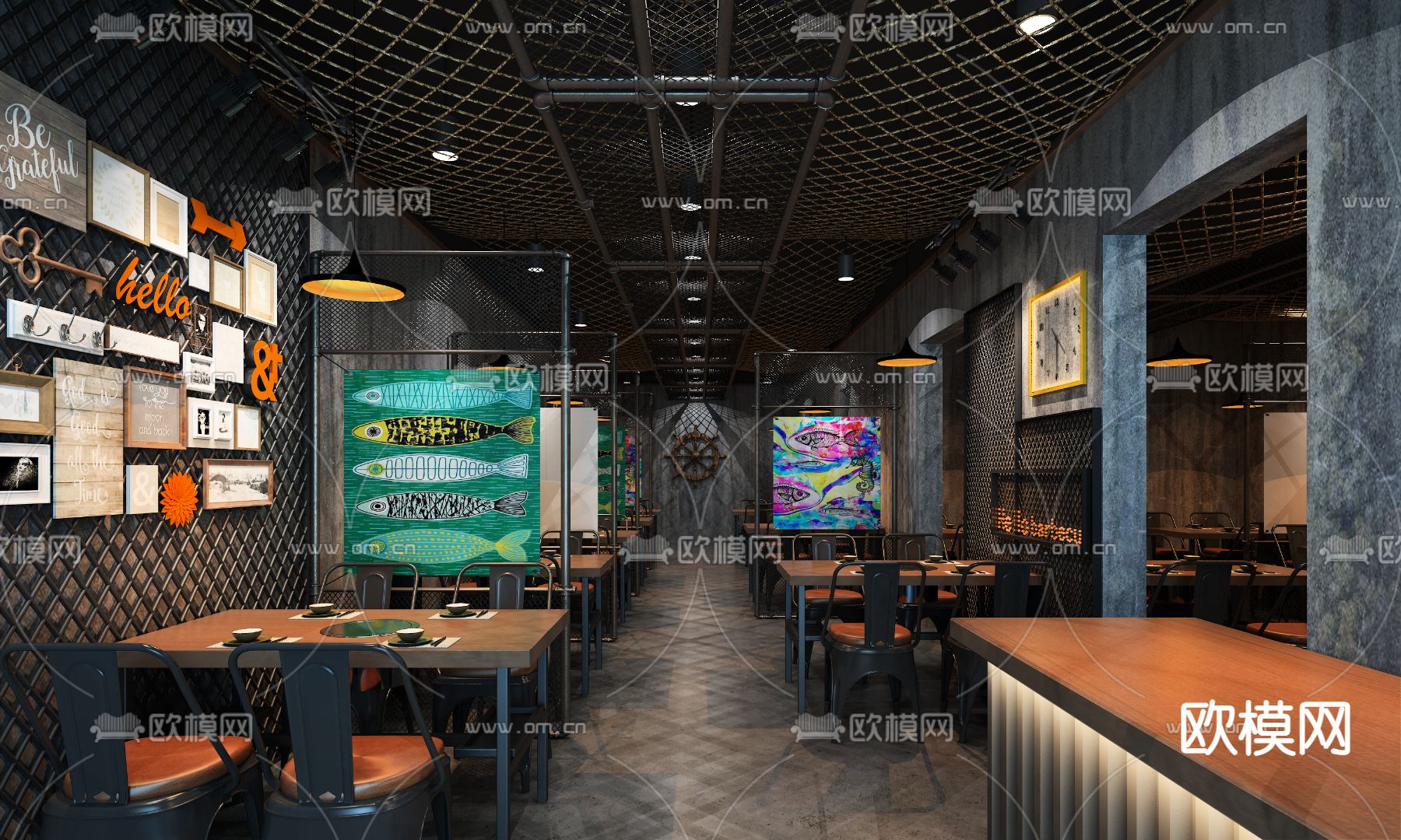 工业风烤鱼店3d模型下载