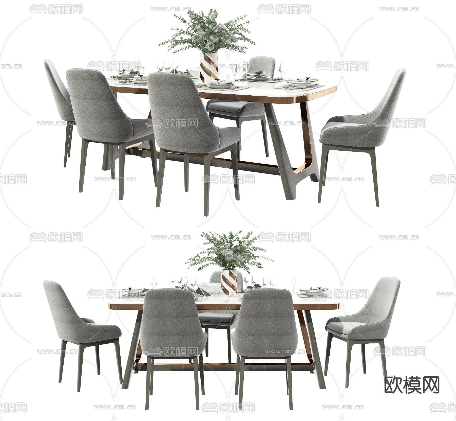 现代大理石长条形餐桌椅3d模型下载