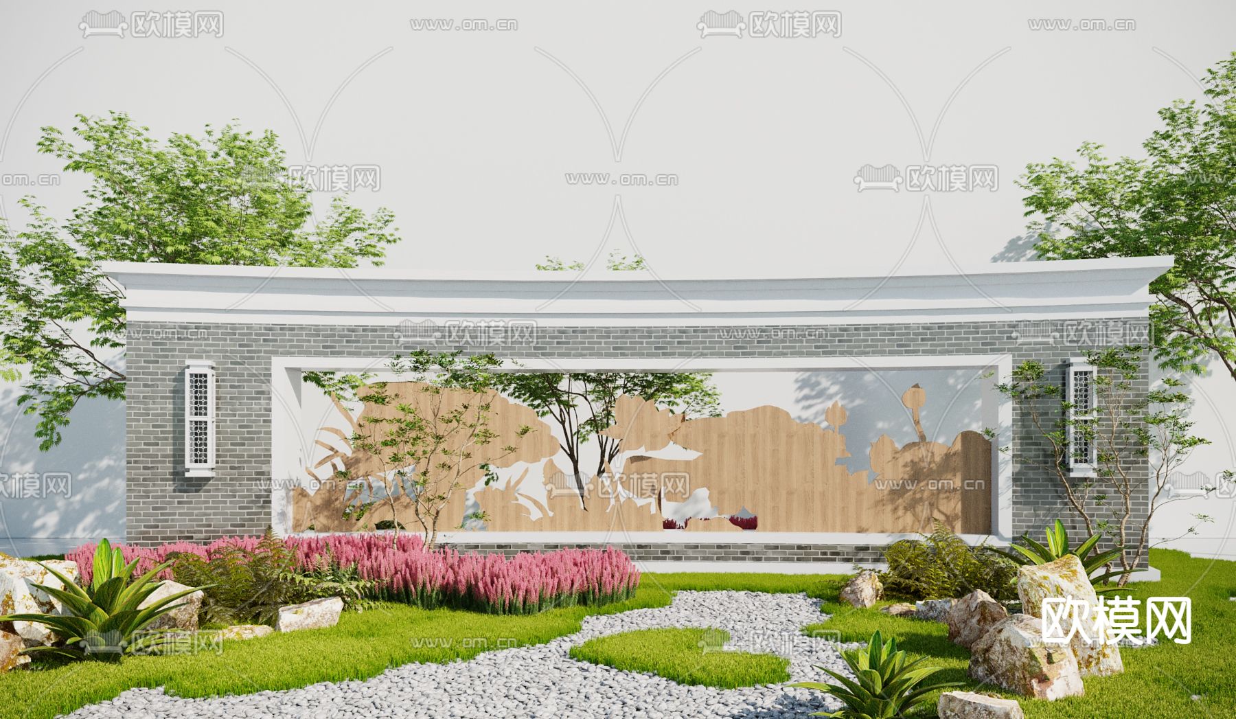 新中式景观墙园艺小品3d模型下载