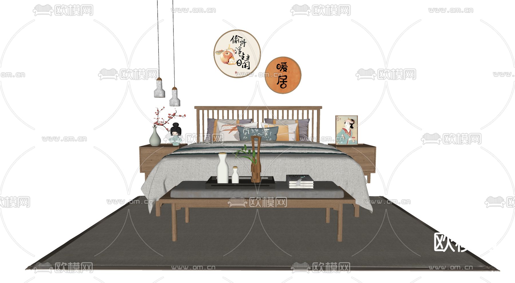 日式布艺双人床su模型下载（渲染图2）