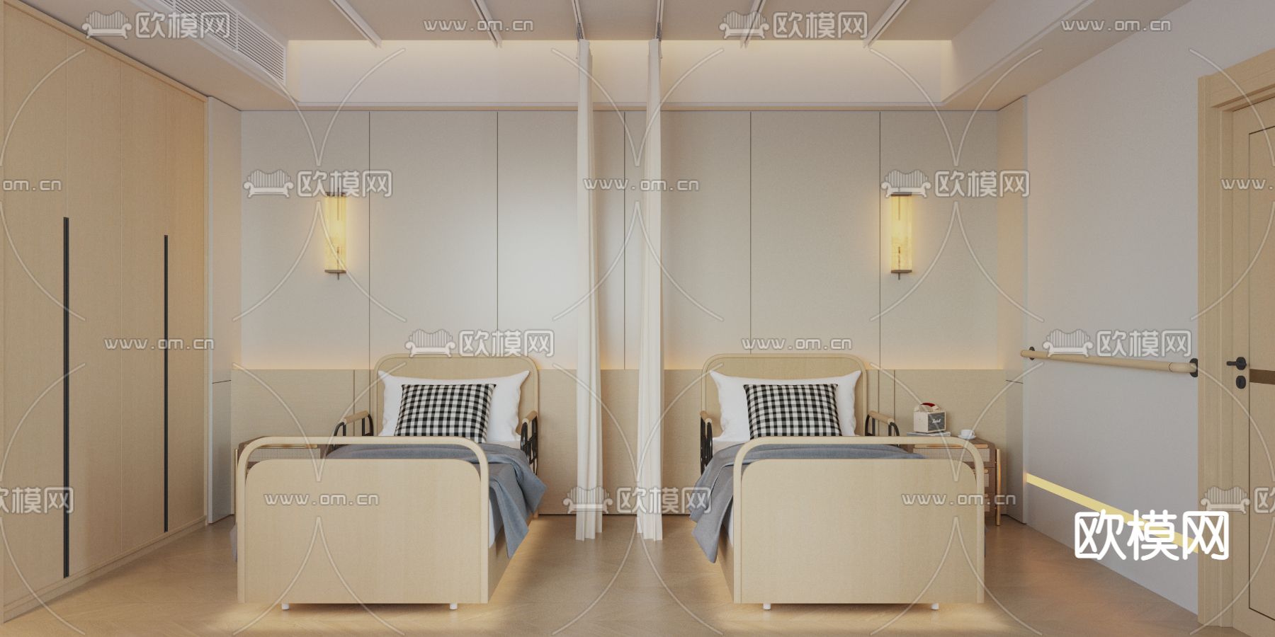新中式养老院双床房3d模型下载（渲染图2）
