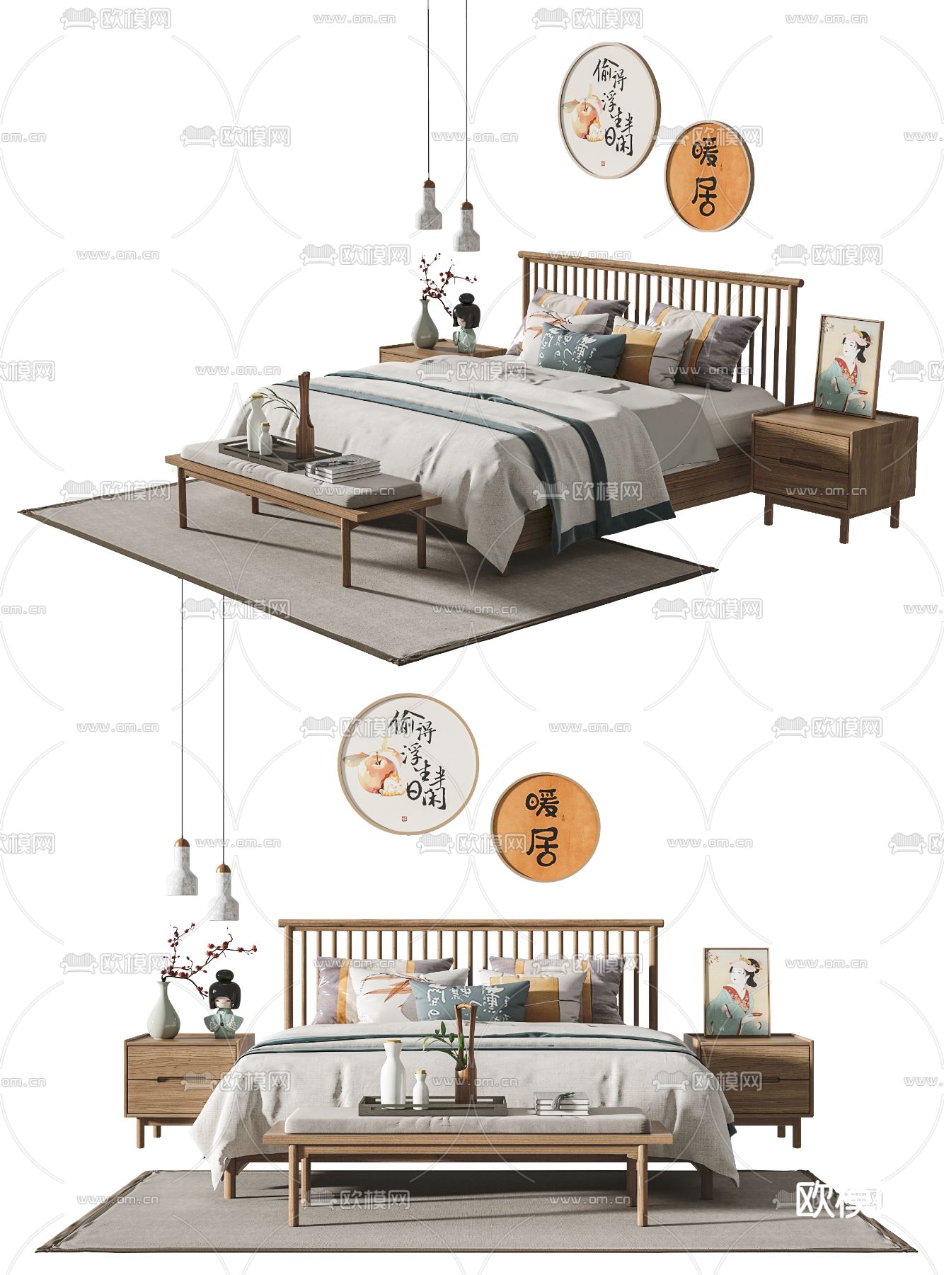 日式布艺双人床su模型下载（渲染图1）