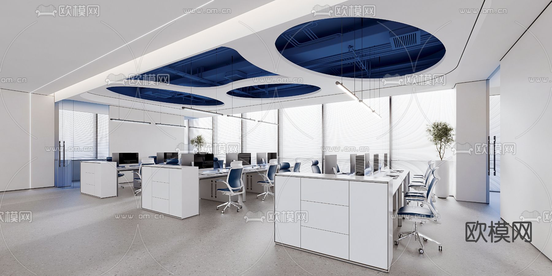 现代蓝色极简办公室3d模型下载