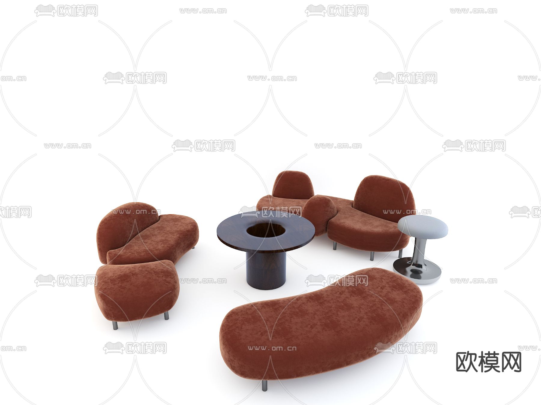 现代红棕色弧形沙发茶几组合3d模型下载_ID12005430_3dmax免费模型-欧模网