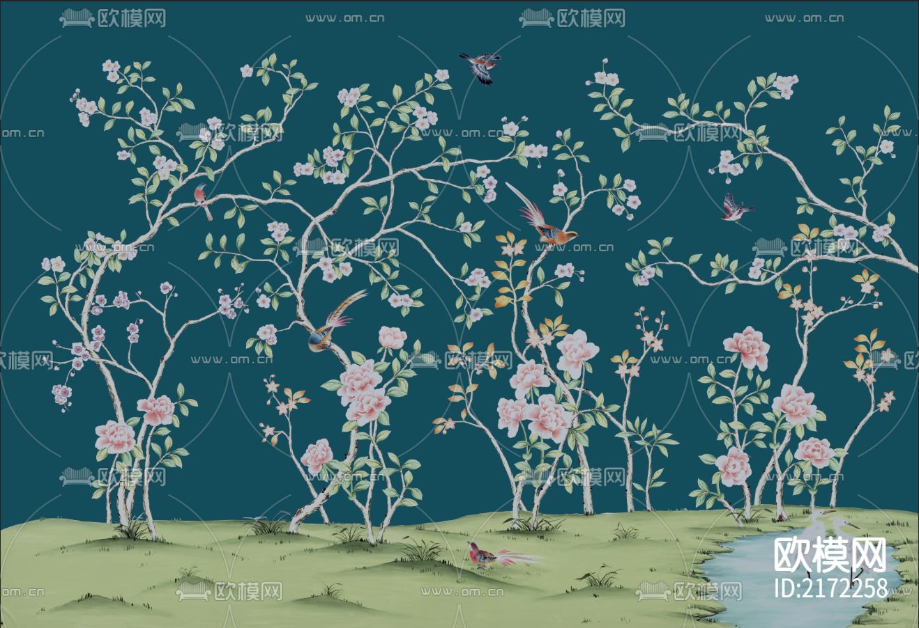 手绘花鸟壁纸贴图
