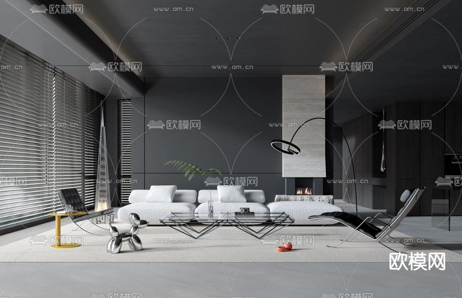 现代高级灰客厅3d模型下载(渲染图1)