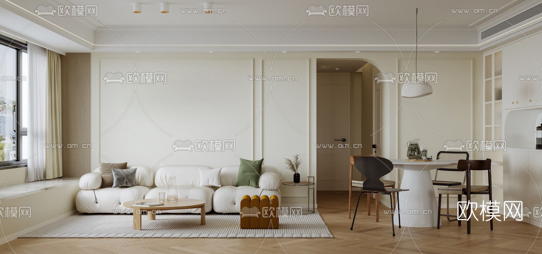 法式奶油风客厅餐厅3d模型下载（渲染图1）