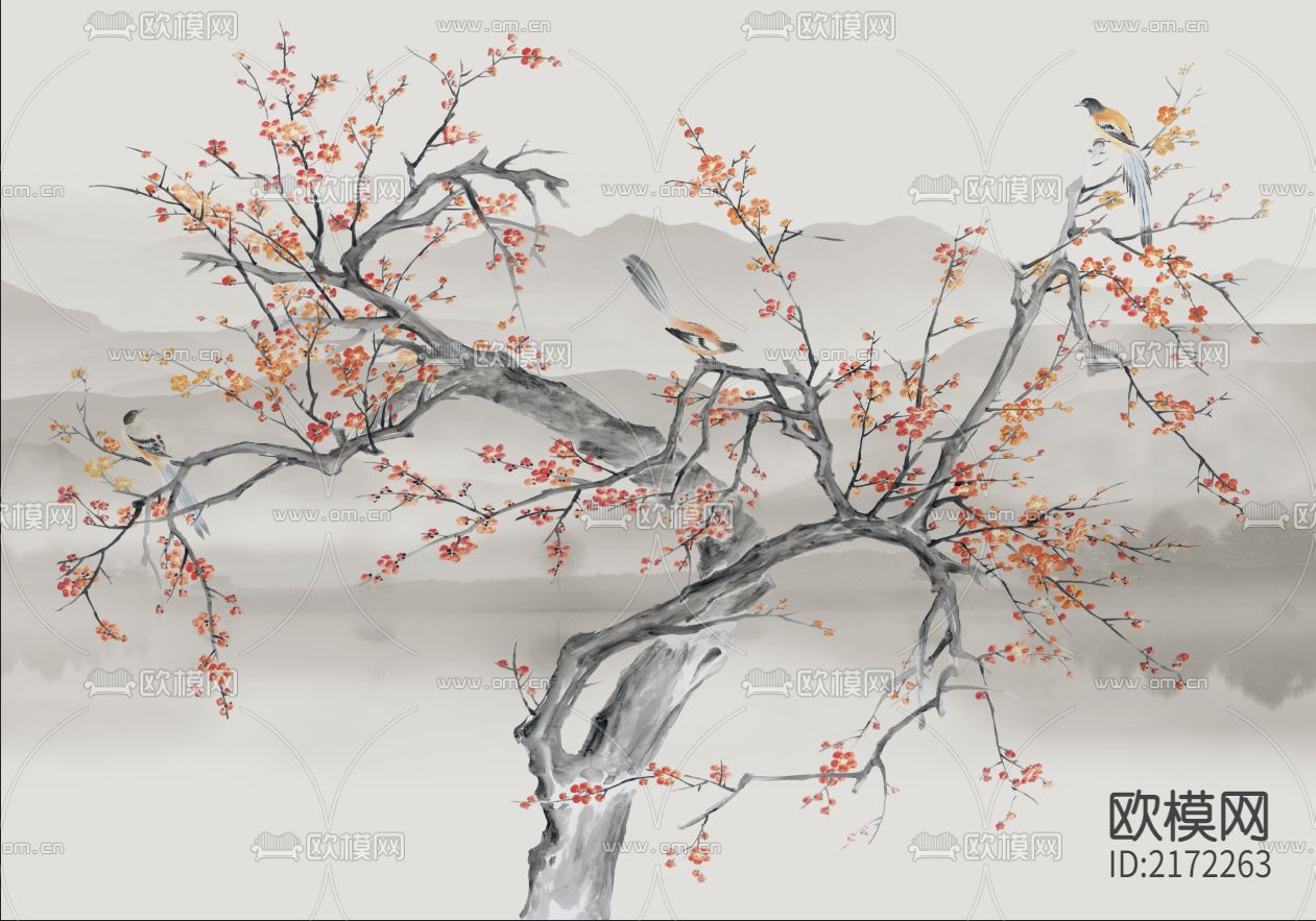 手绘花鸟壁纸贴图