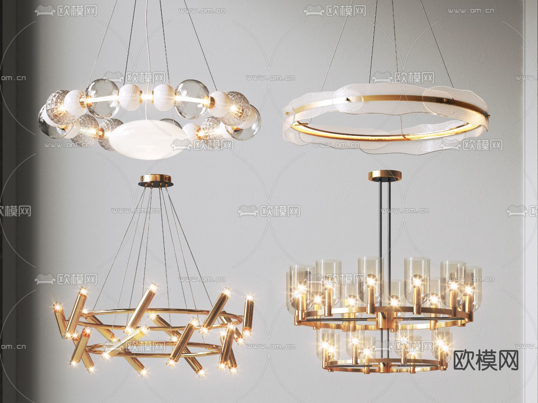 现代轻奢双层环形玻璃吊灯3d模型下载（渲染图1）