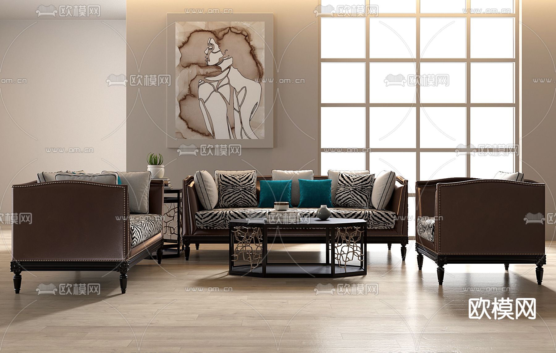 美式棕色皮革多沙发3d模型下载