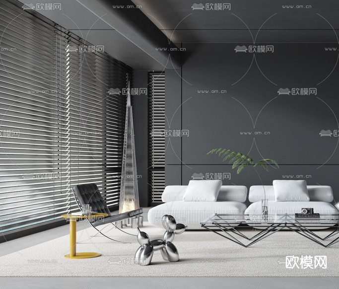 现代高级灰客厅3d模型下载(渲染图3)