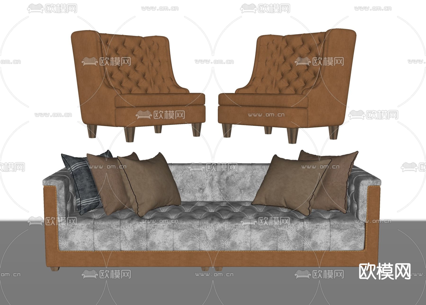 欧式皮革多人沙发su模型下载（渲染图2）