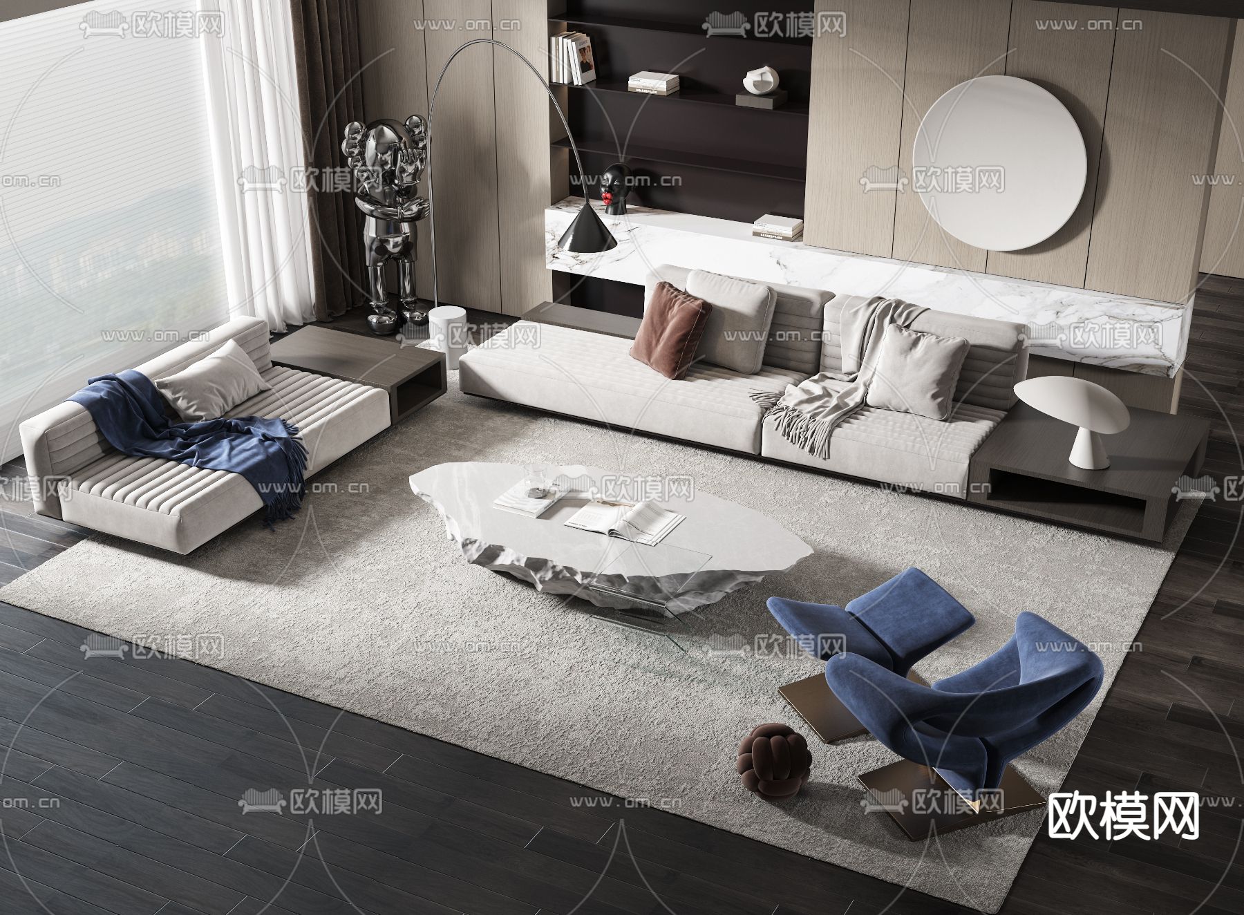 现代白色布艺沙发组合3d模型下载_ID12007223_3dmax免费模型-欧模网