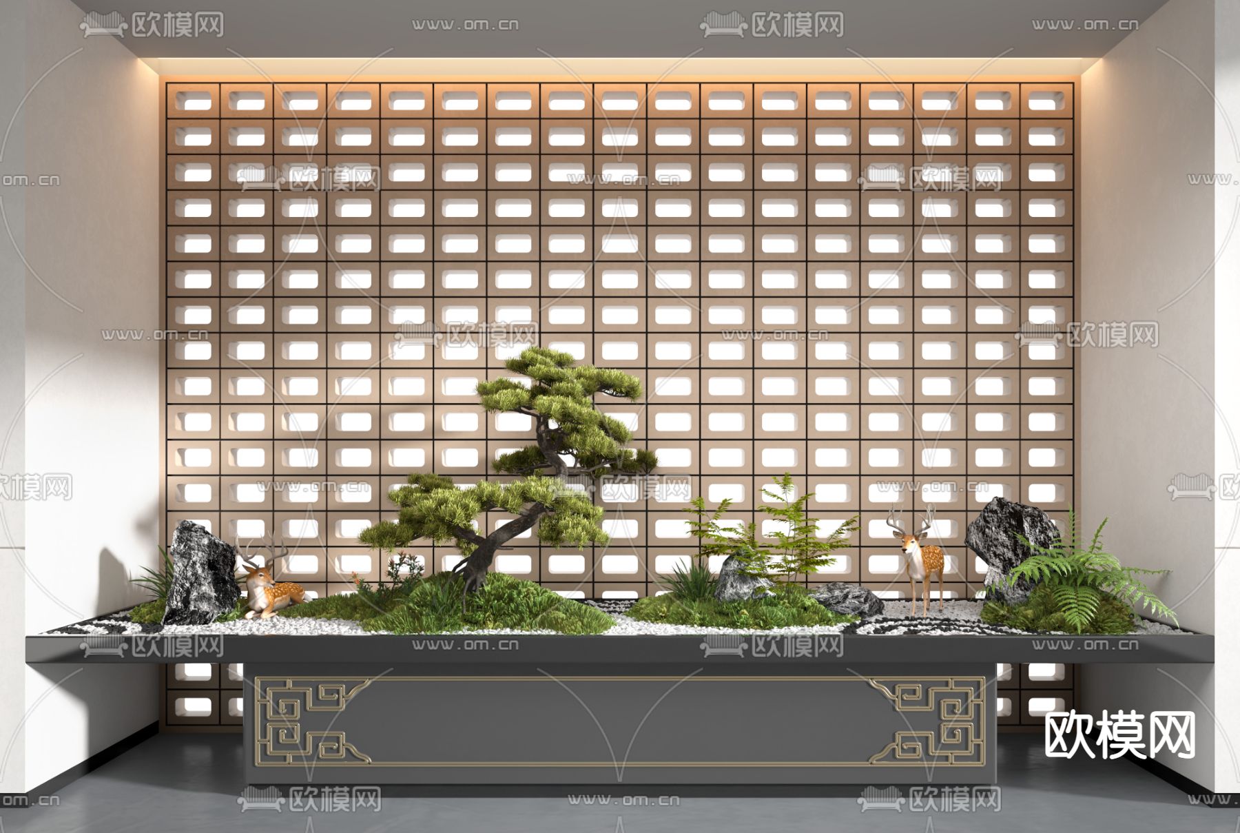 新中式松树假山小品3d模型下载