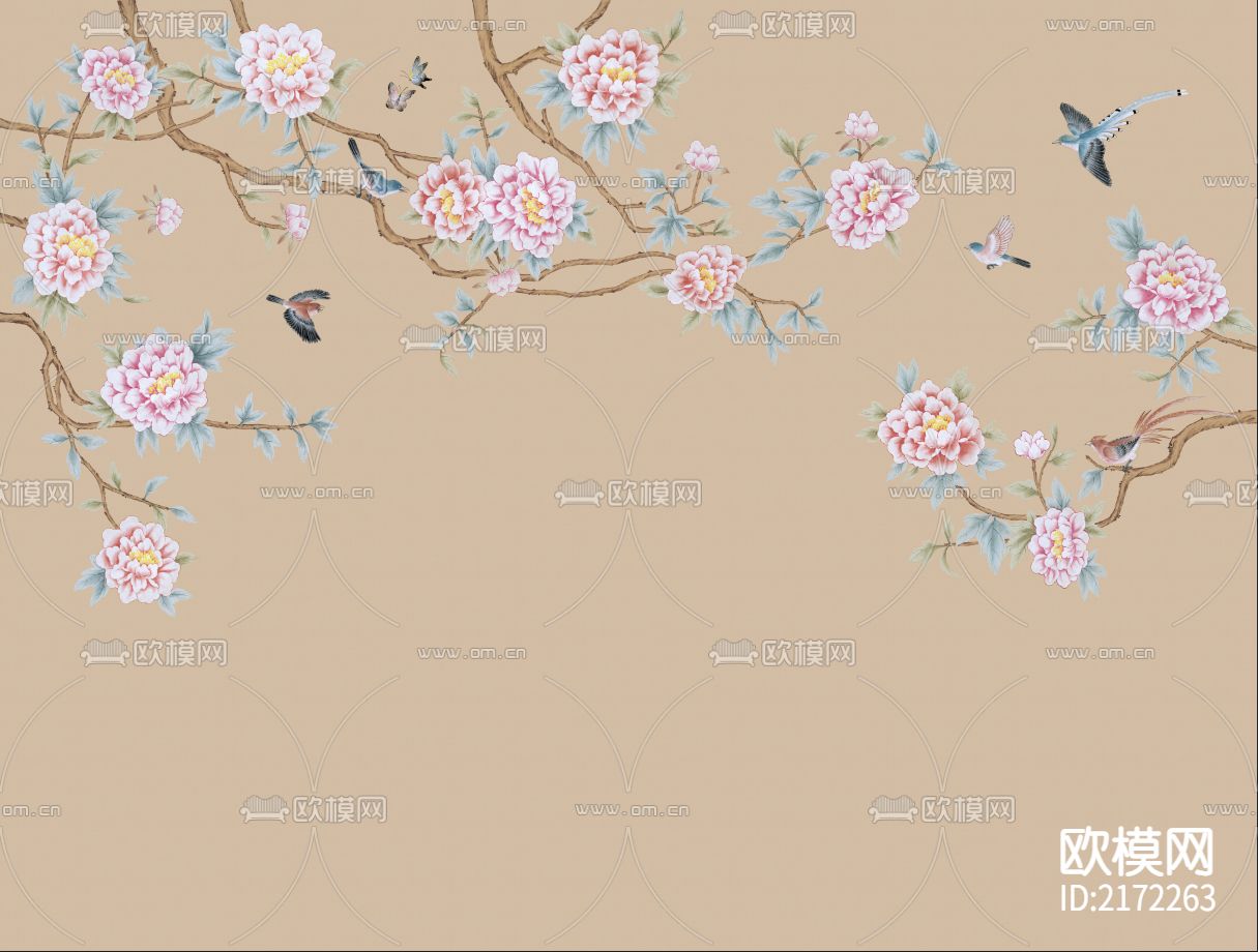 手绘花鸟壁纸贴图