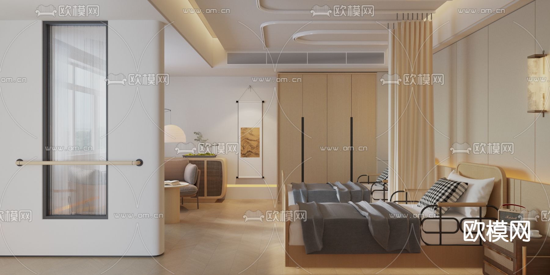 新中式养老院双床房3d模型下载（渲染图1）