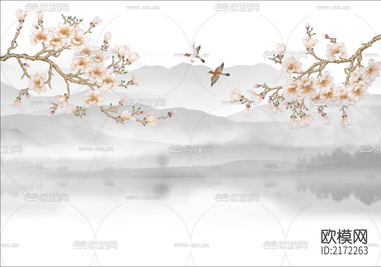 手绘花鸟壁纸贴图