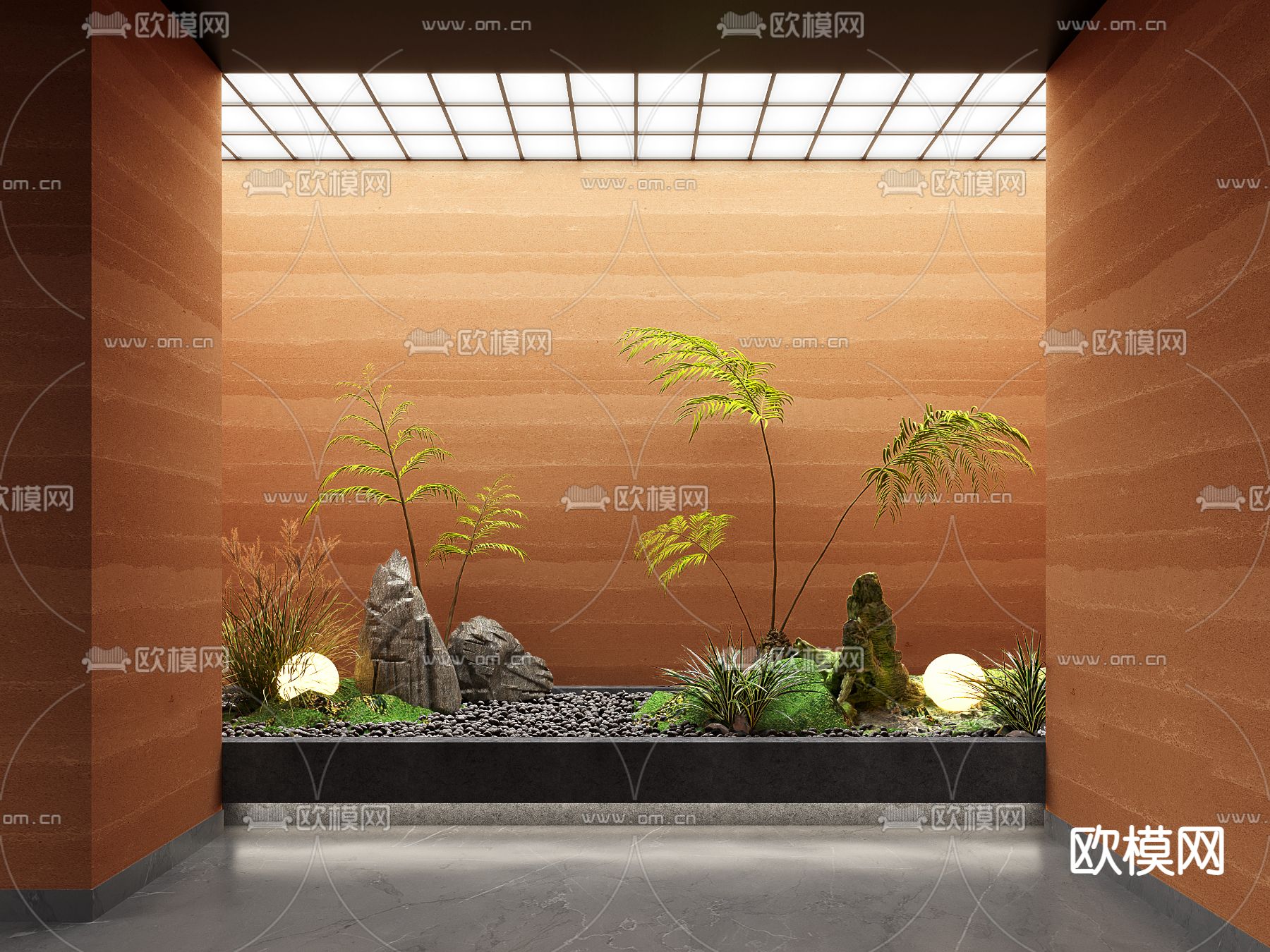 新中式室内绿植假石小品3d模型下载