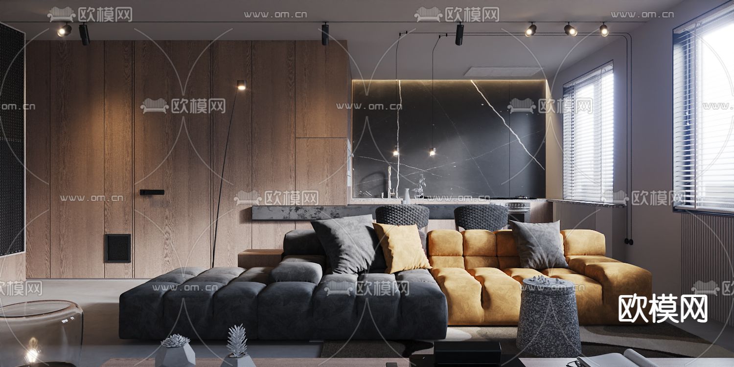 现代公寓客餐厅3d模型下载（渲染图1）