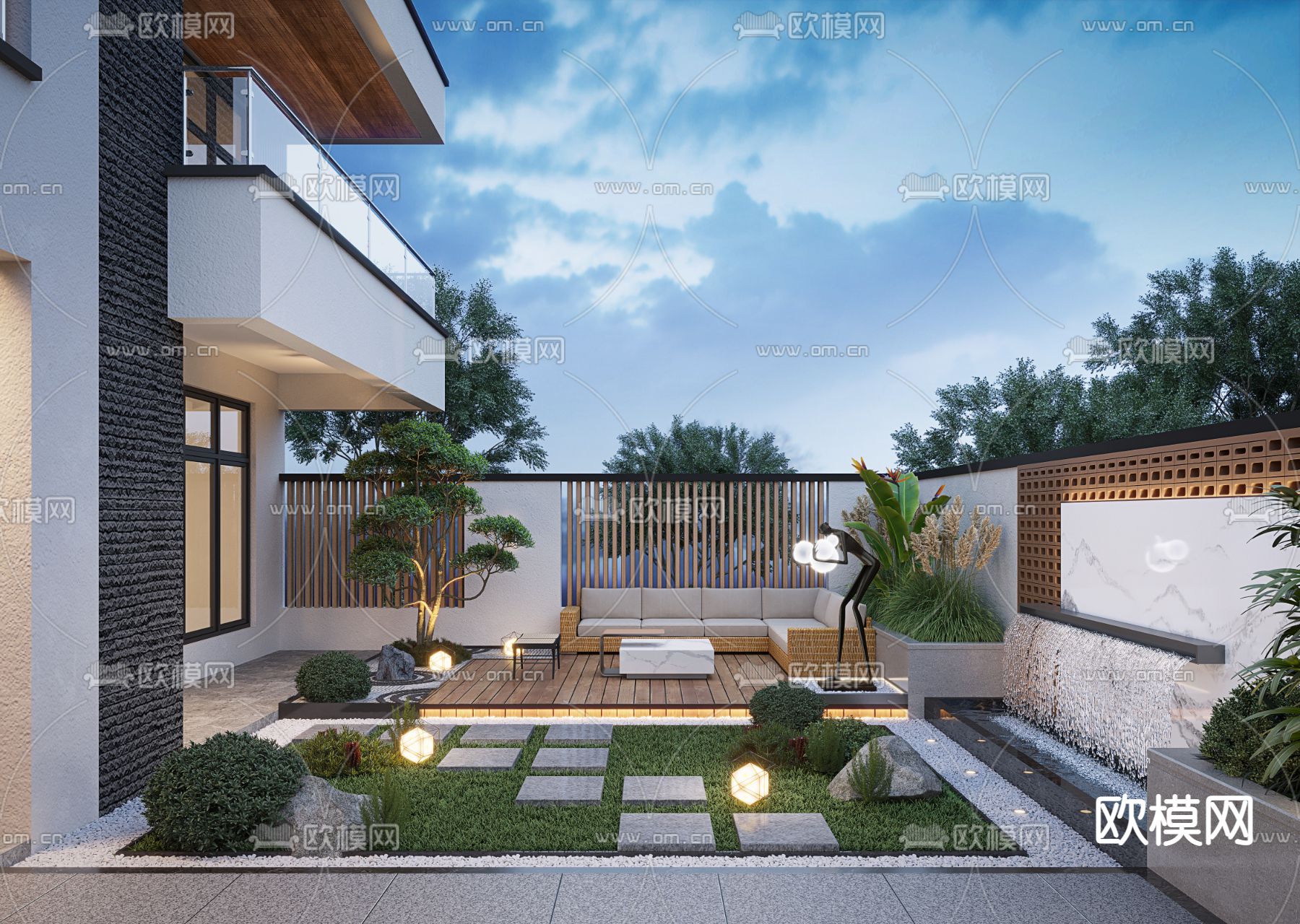现代别墅庭院夜景3d模型下载（渲染图2）