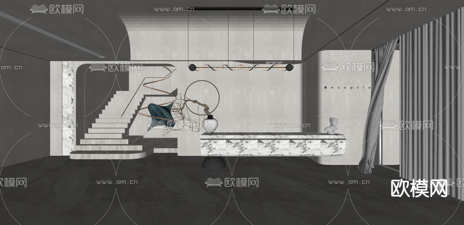 侘寂风办公前台接待su模型下载