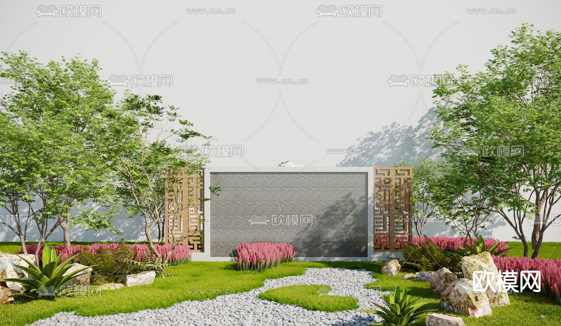 新中式园林景观墙3d模型下载