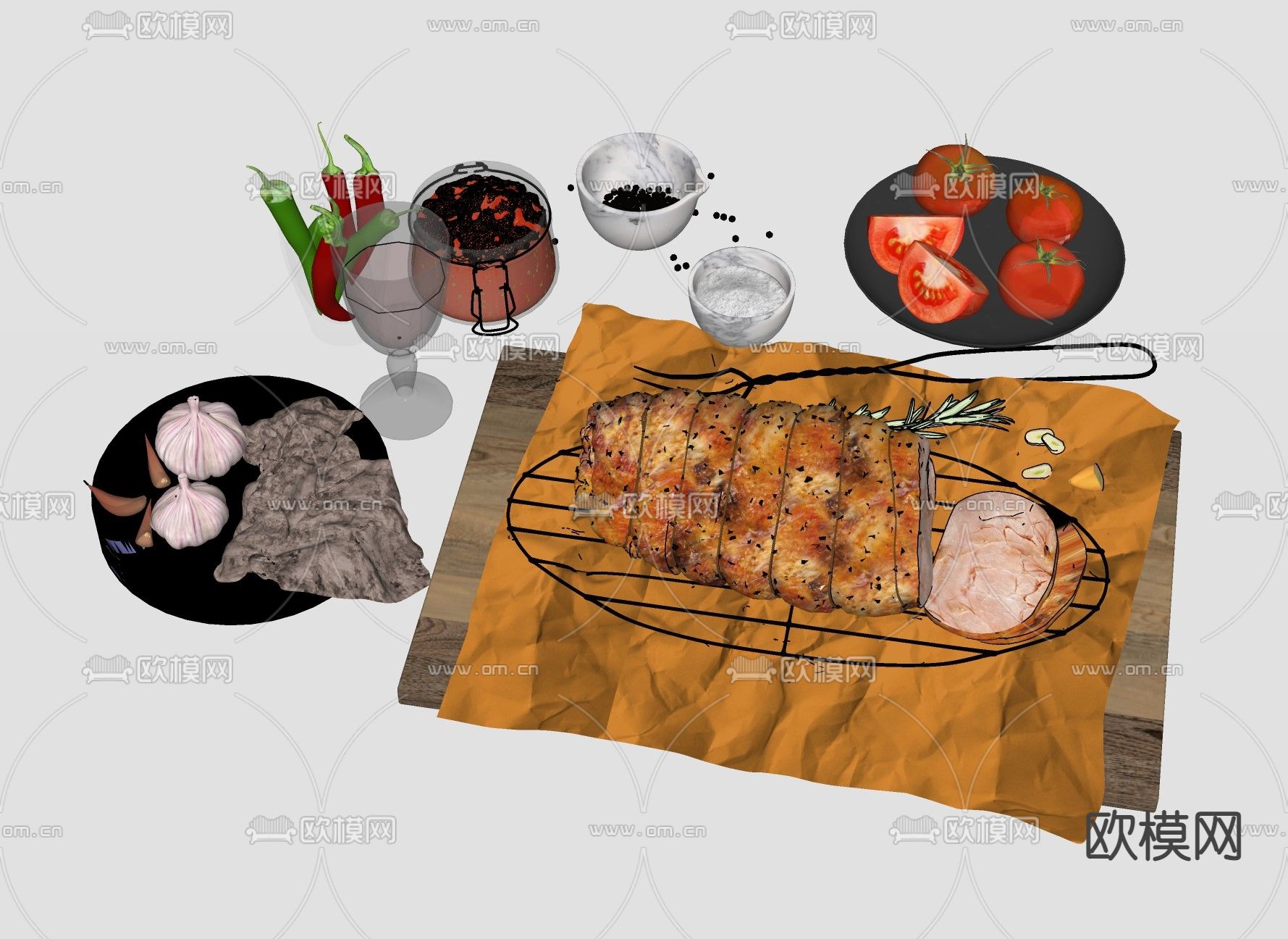 现代烤肉食物饮料su模型下载（渲染图2）