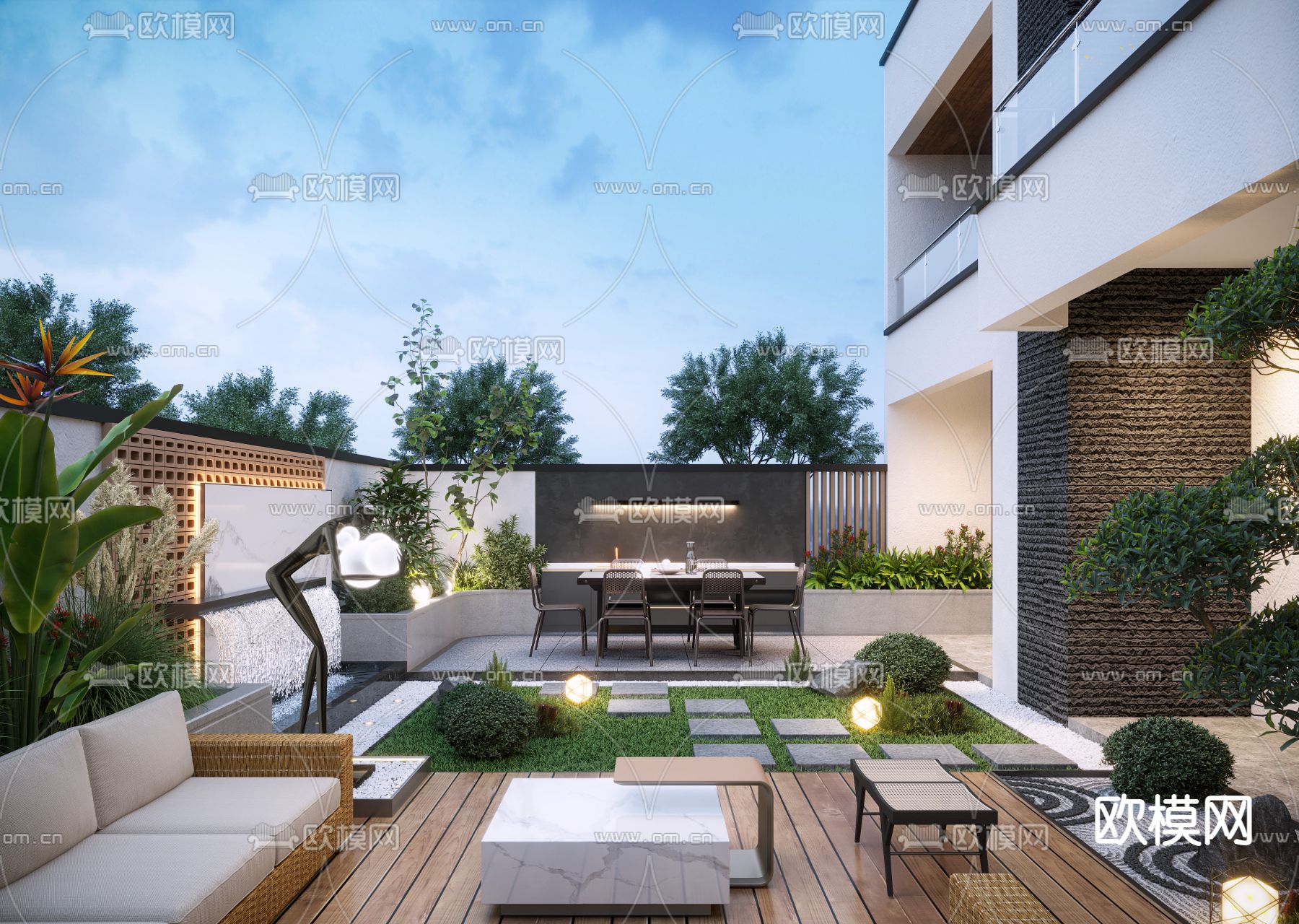 现代别墅庭院夜景3d模型下载（渲染图1）