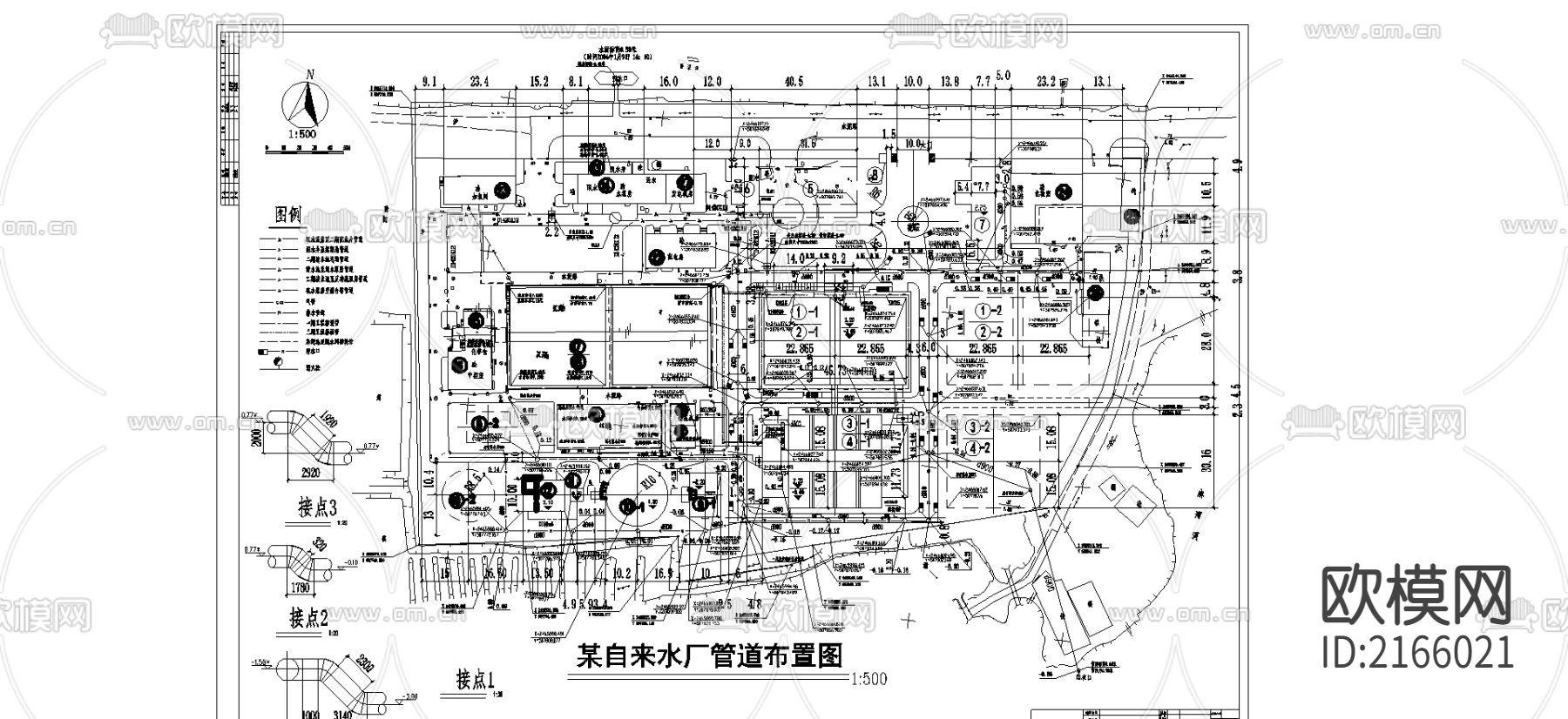 某自来水厂管道布局cad施工图下载（渲染图3）