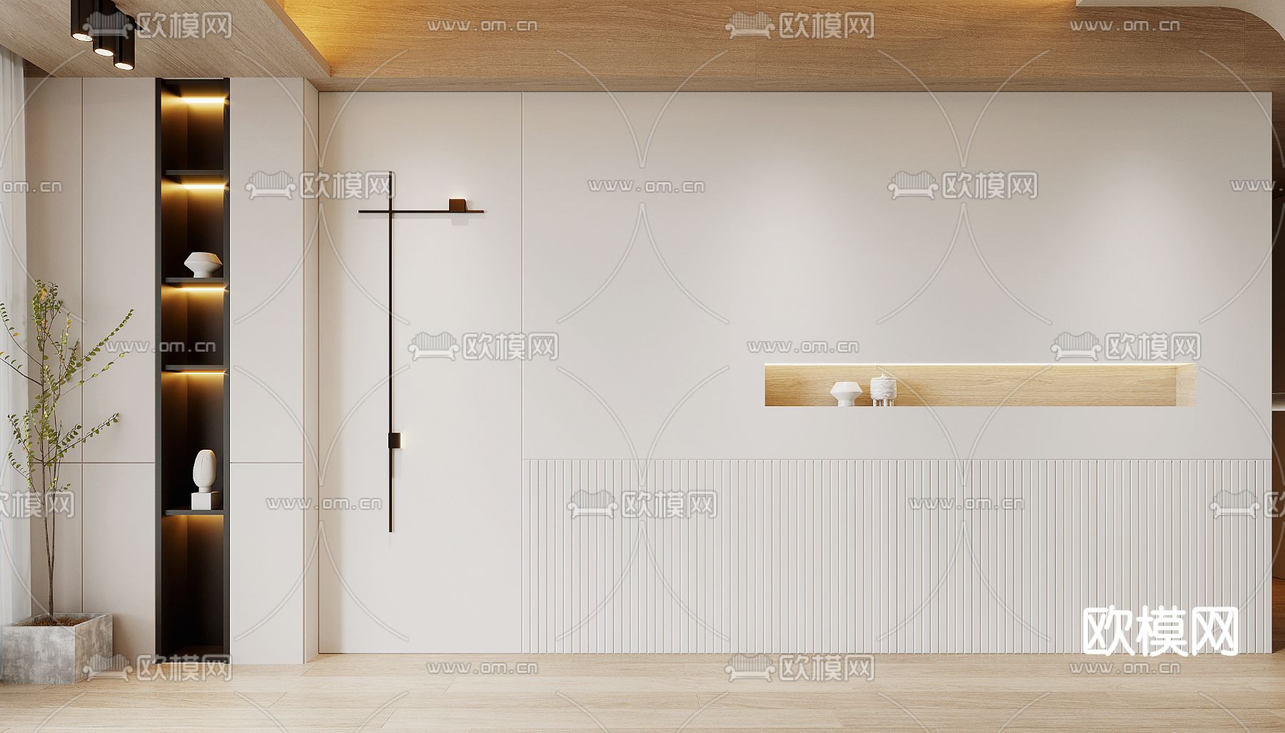 现代卧室背景墙su模型下载（渲染图1）