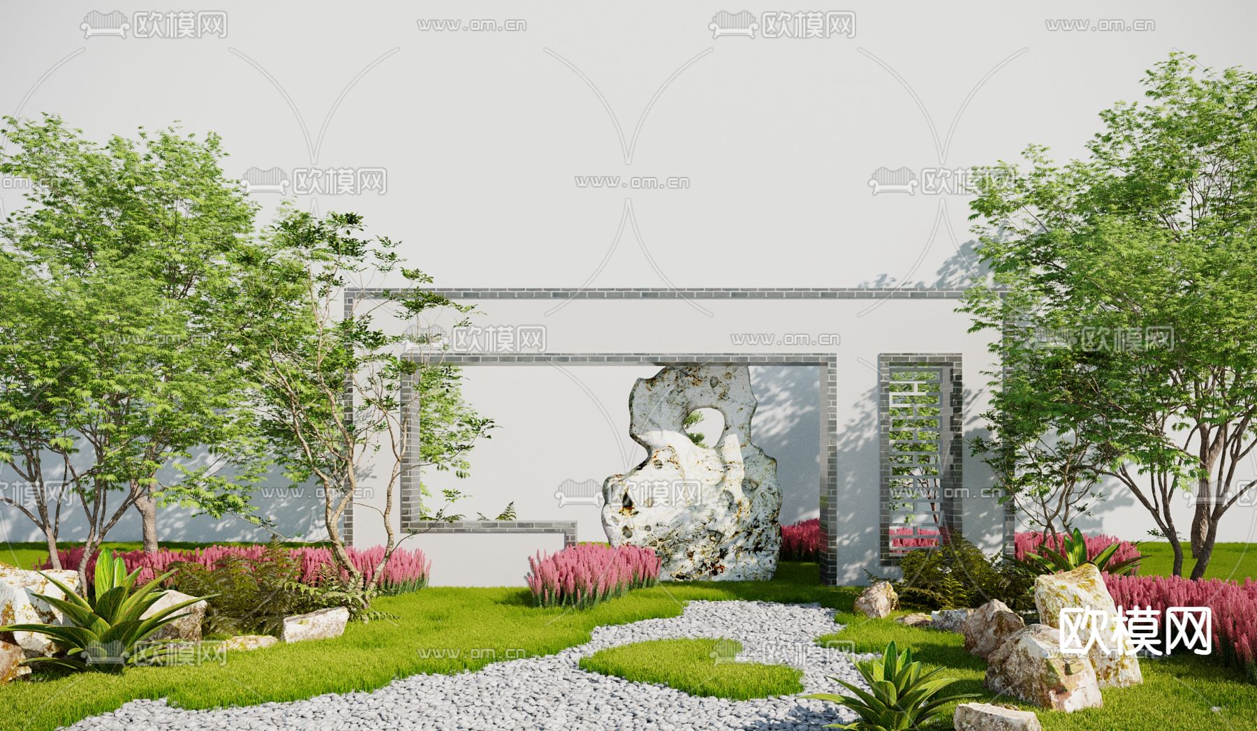 新中式园林景观墙3d模型下载