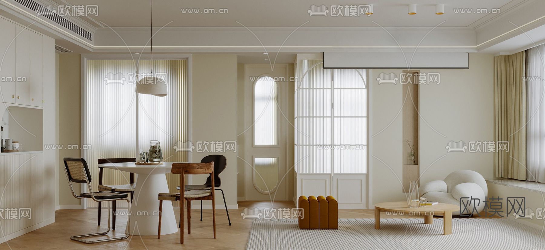 法式奶油风客厅餐厅3d模型下载（渲染图2）