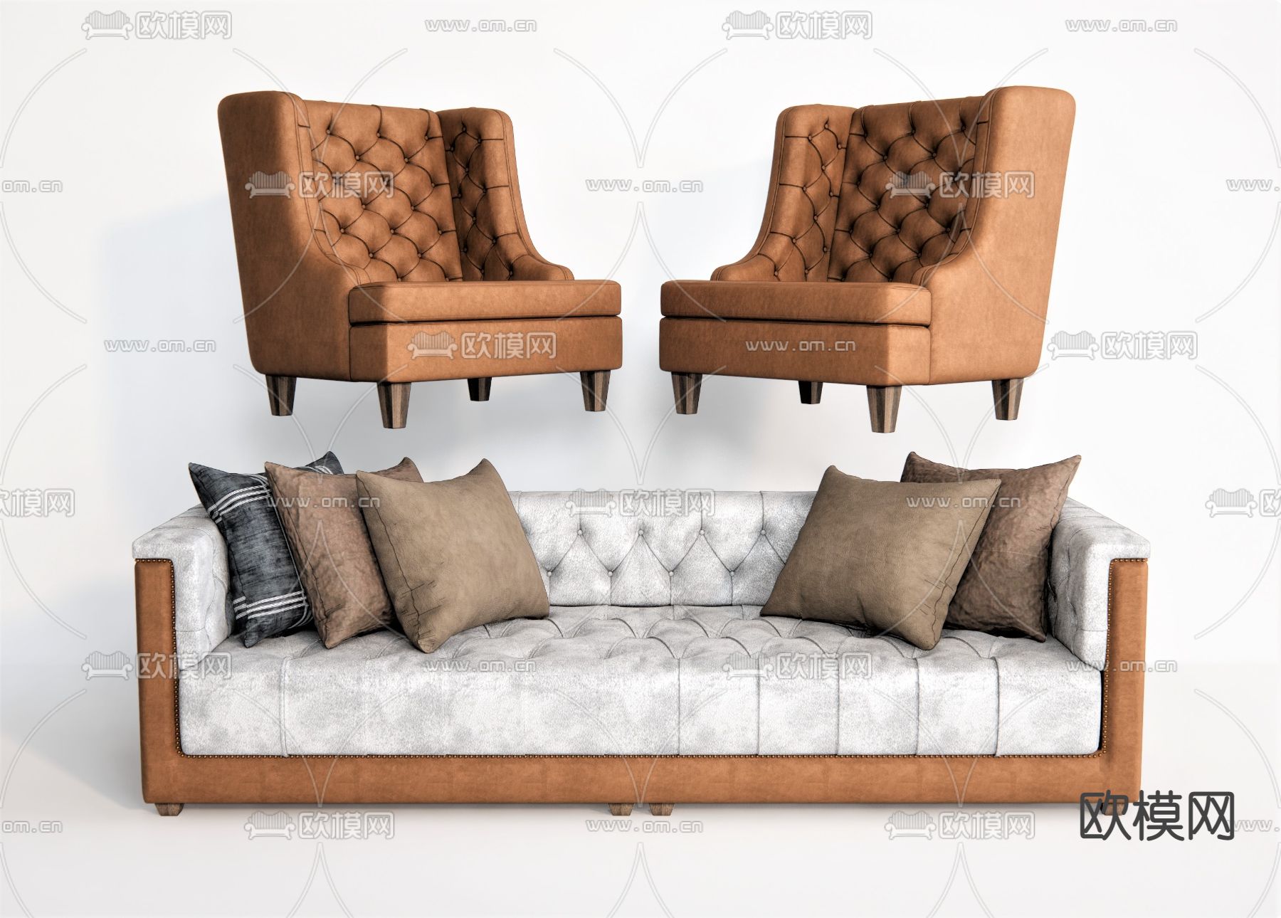 欧式皮革多人沙发su模型下载（渲染图1）