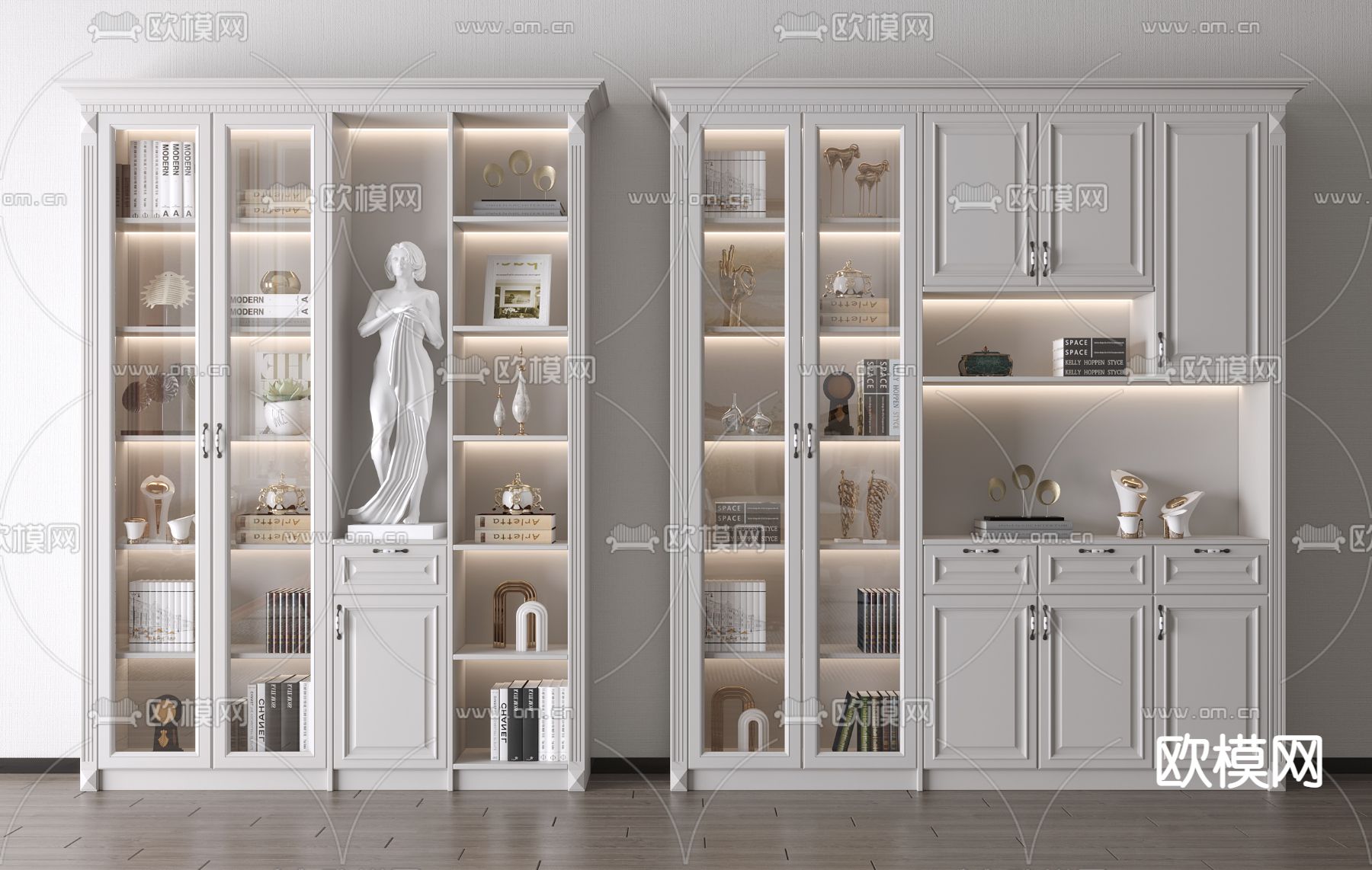 美式多功能白色书柜3d模型下载