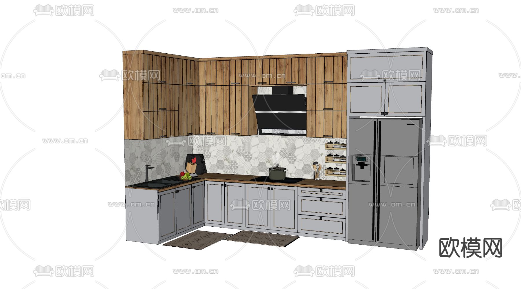 北欧橱柜冰箱灶台油烟机su模型下载（渲染图2）