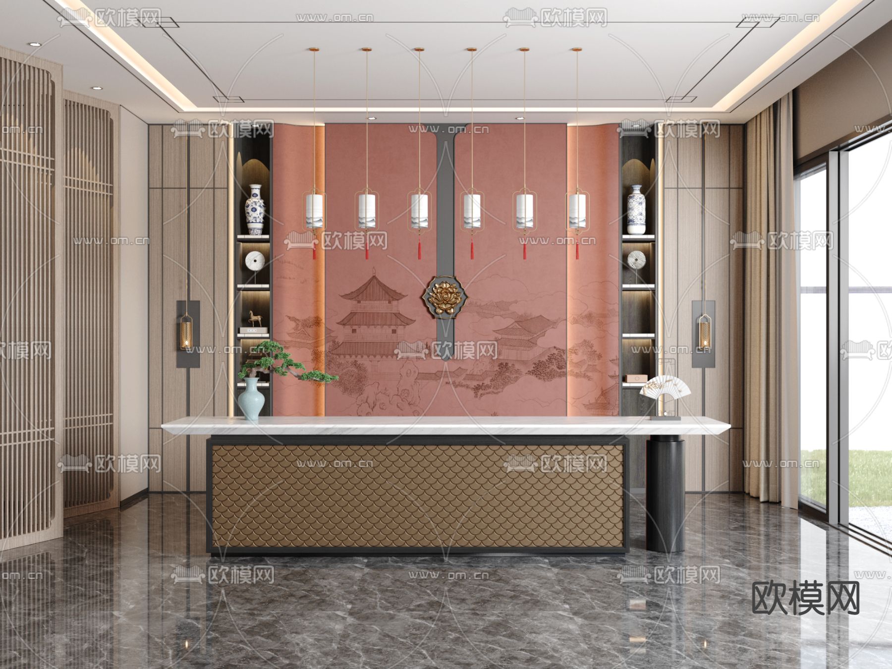 新中式前台接待台su模型下载（渲染图1）