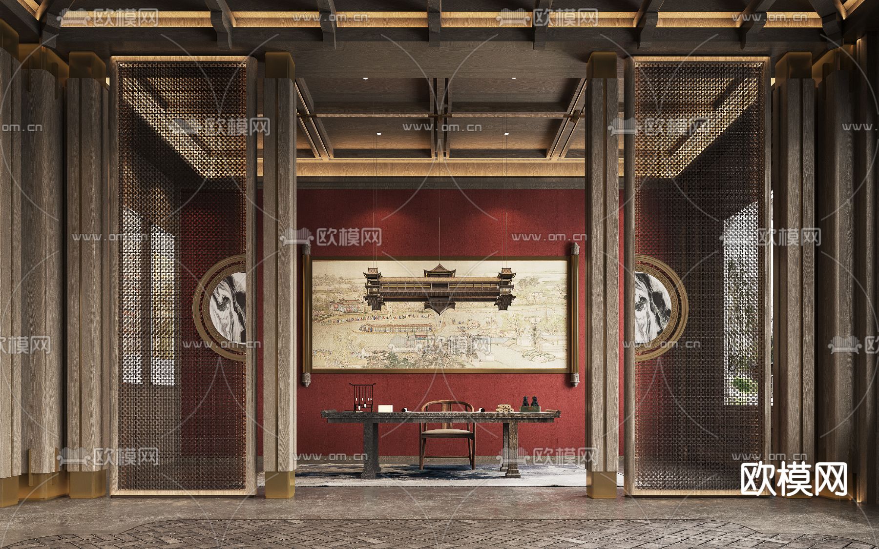 中式售楼处洽谈区3d模型下载（渲染图3）