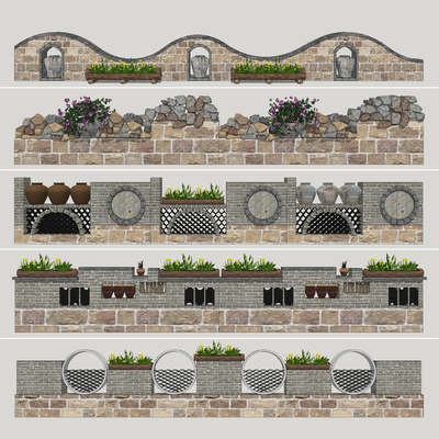  新中式围墙小品su模型 