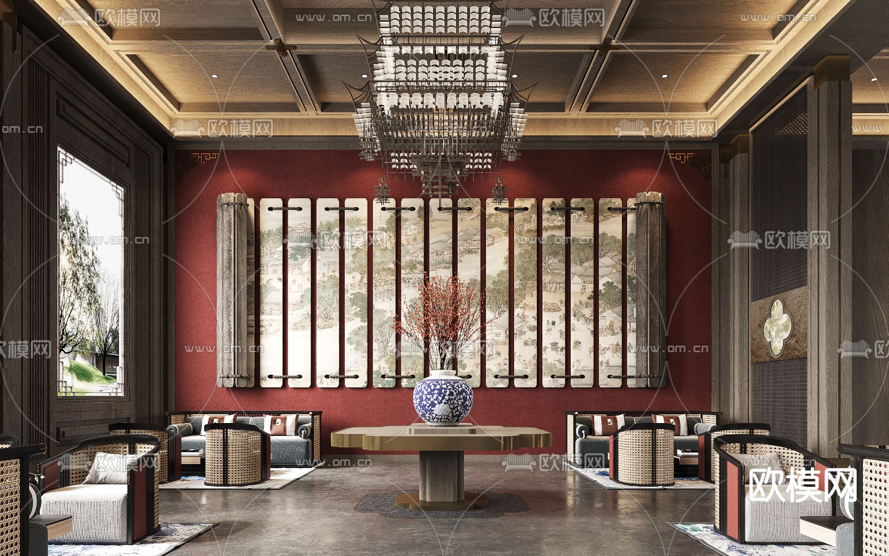 中式售楼处洽谈区3d模型下载（渲染图1）