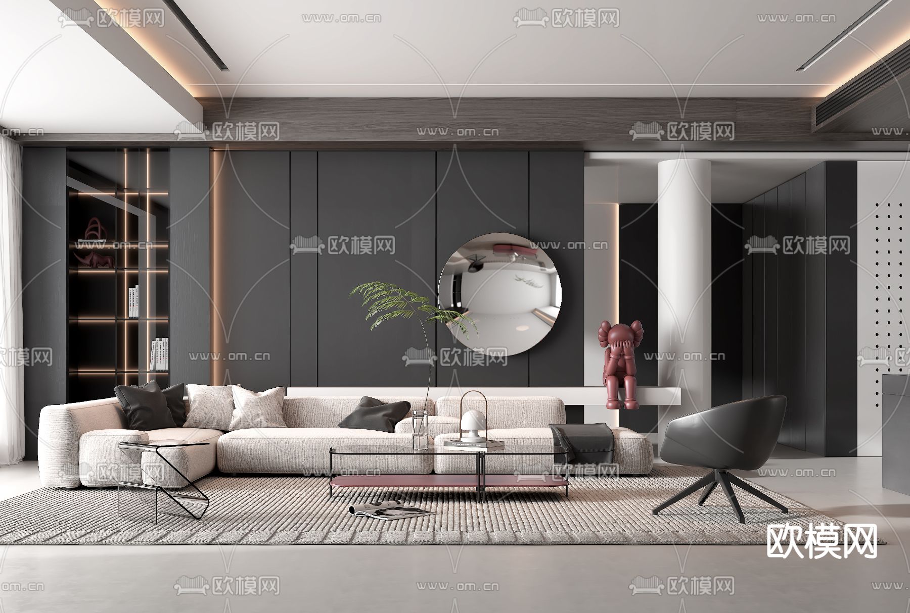 现代高级灰客厅su模型下载（渲染图1）