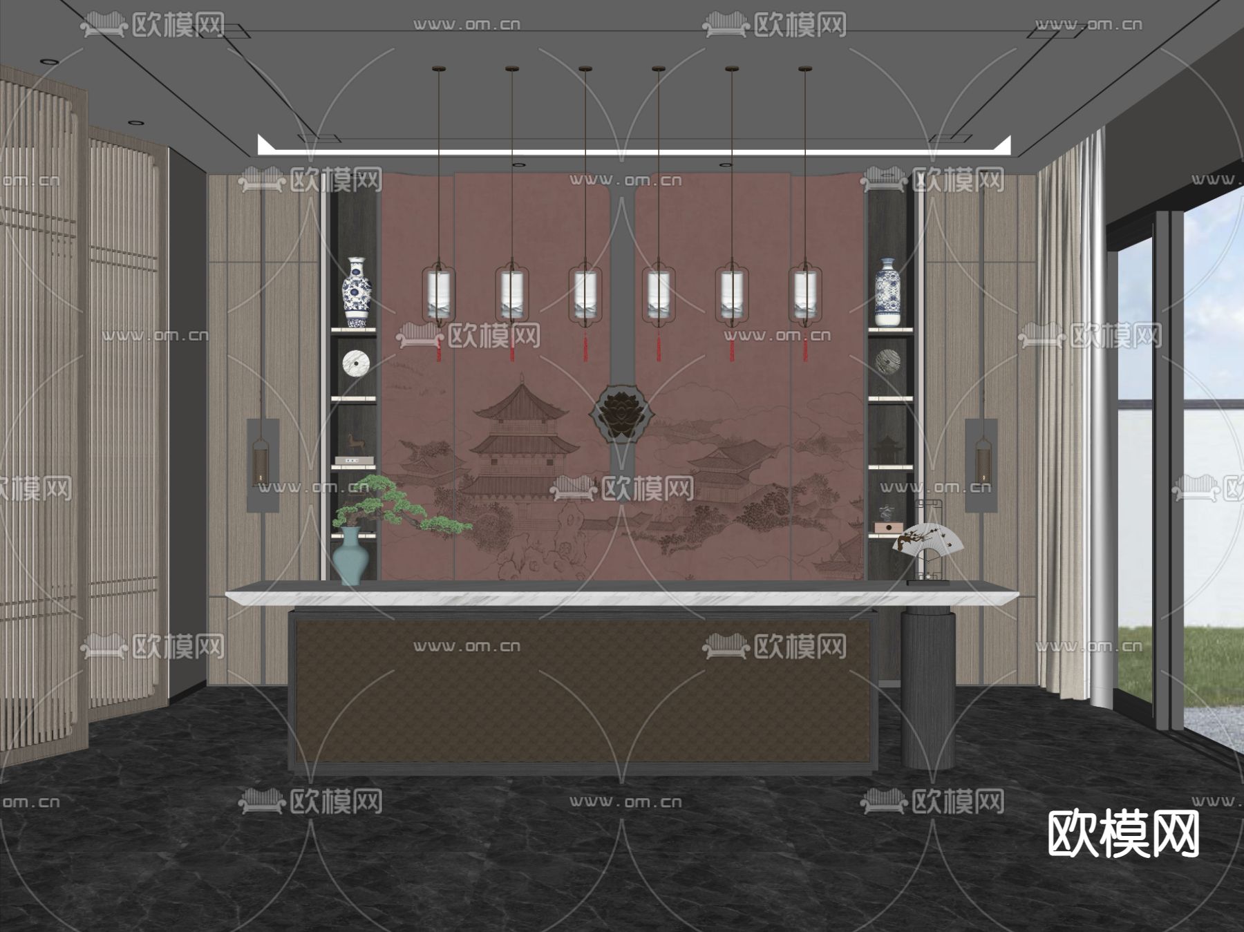 新中式前台接待台su模型下载（渲染图2）