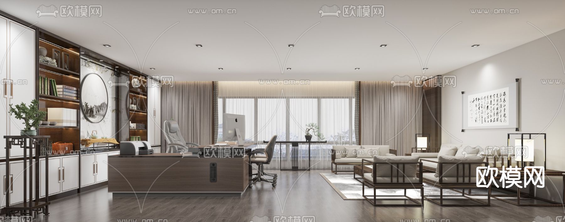 新中式总经理办公室3d模型下载
