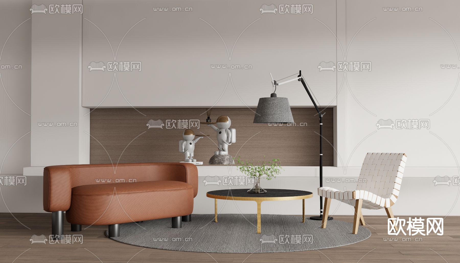 现代皮革休闲沙发su模型下载（渲染图1）