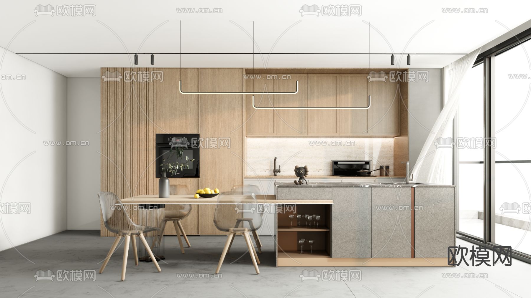 现代中岛餐厅su模型下载（渲染图1）