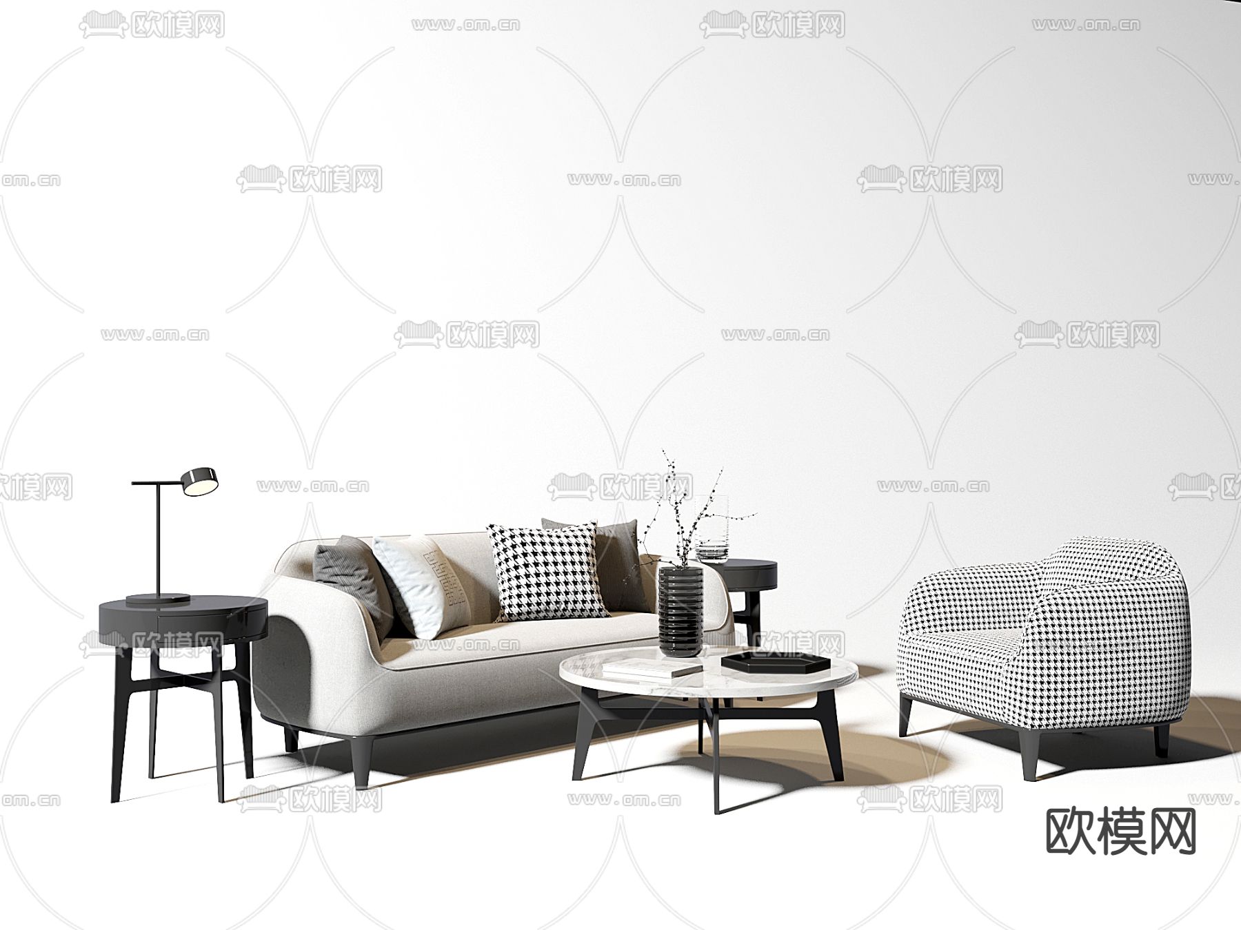 现代布艺休闲沙发茶几组合3d模型下载
