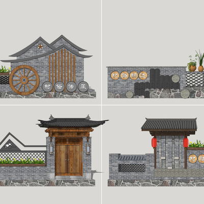 新中式乡村文化景墙su模型
