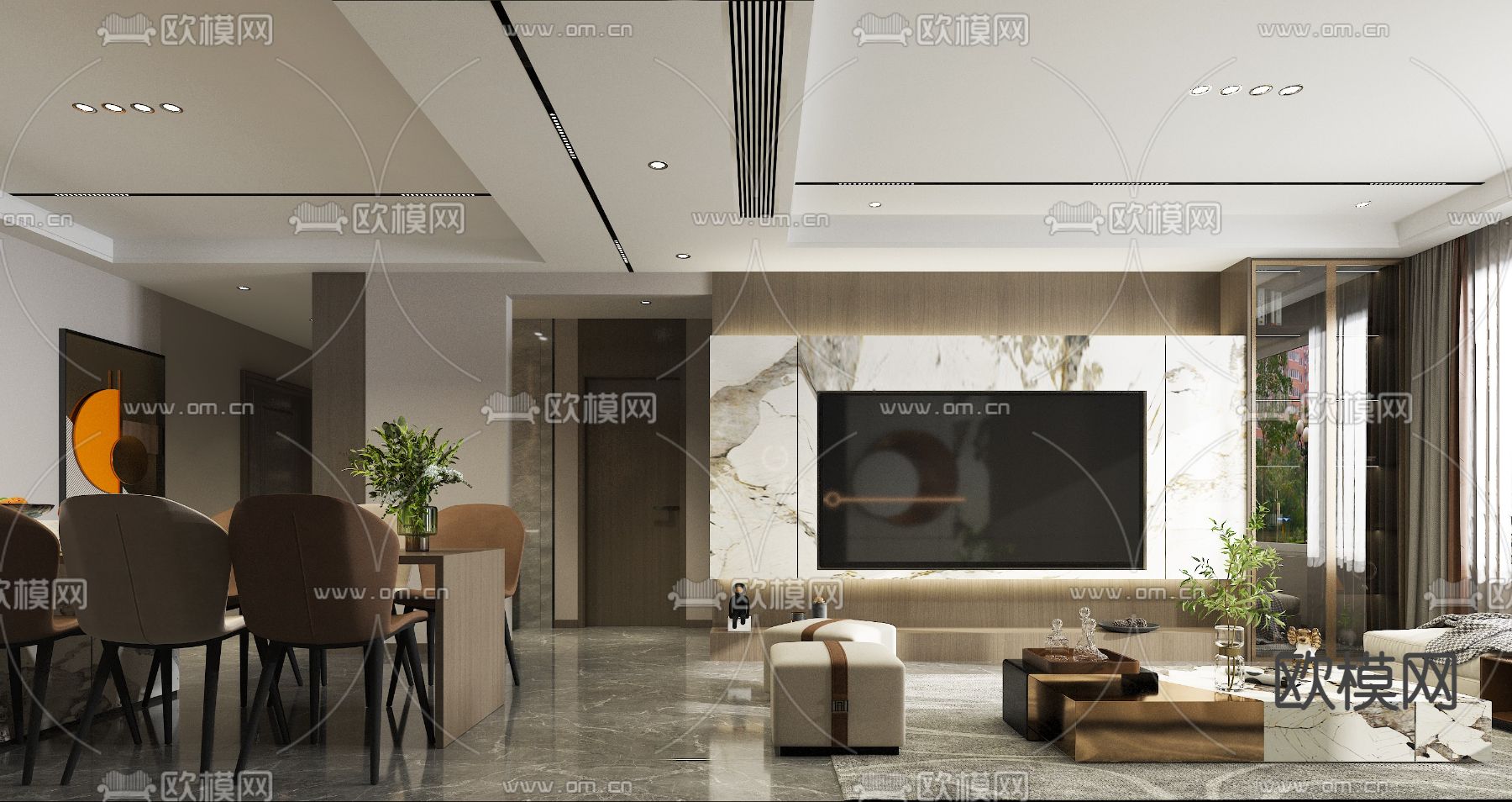 现代轻奢客厅餐厅3d模型下载（渲染图2）